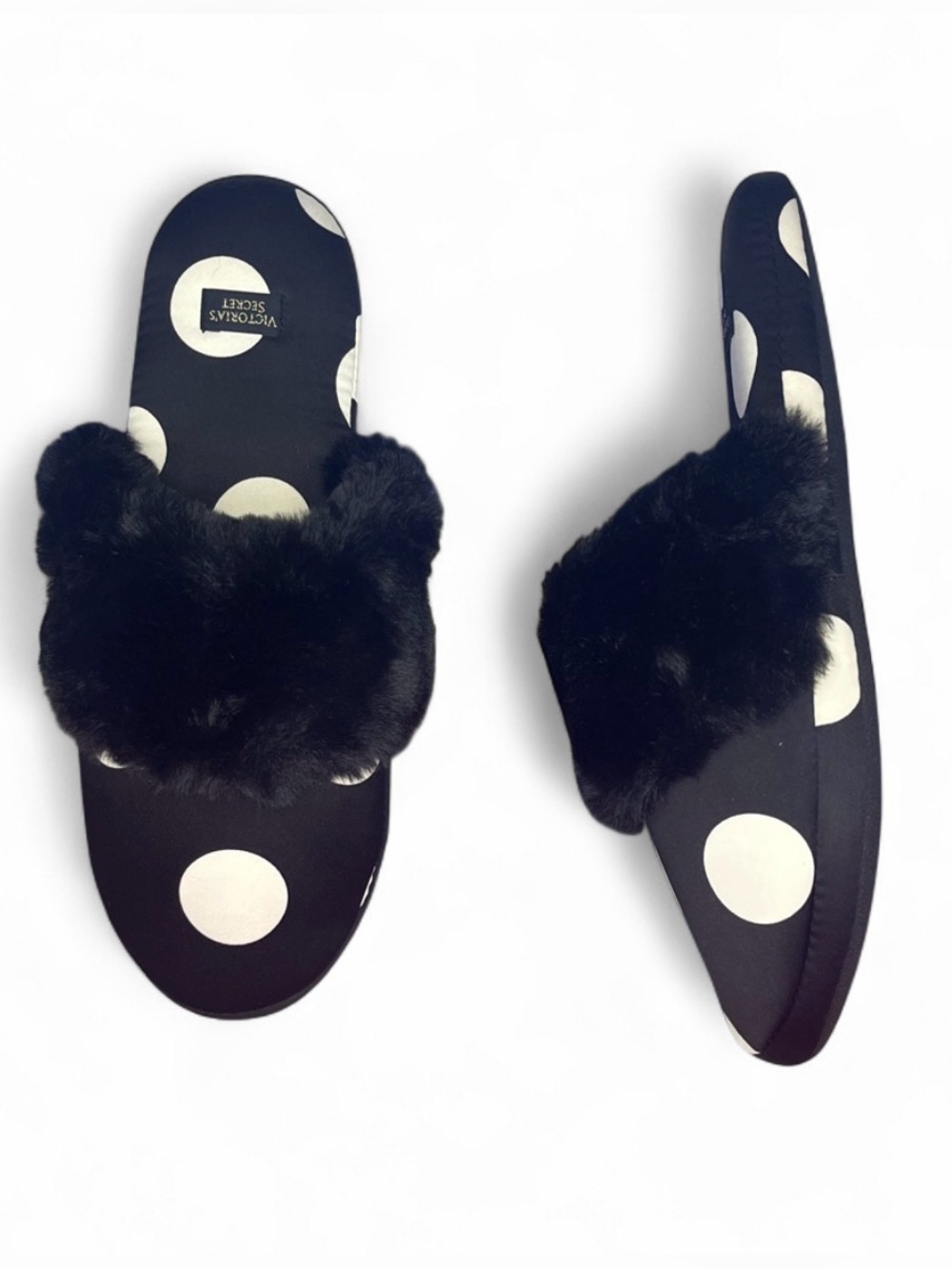 NWOT -  Victoria’s Secret’s Signature Satin faux fur polka dot slippers medium 7